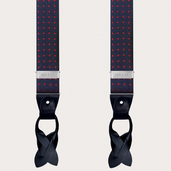 Formal Y-shape silk tubular suspenders, blue with red polka dots