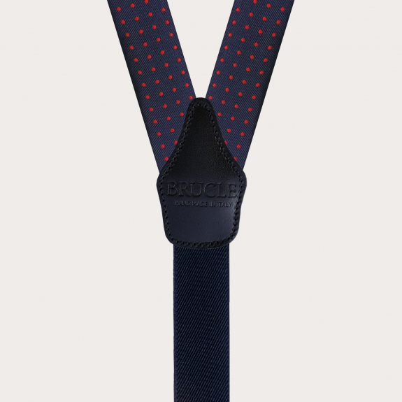 Formal Y-shape silk tubular suspenders, blue with red polka dots