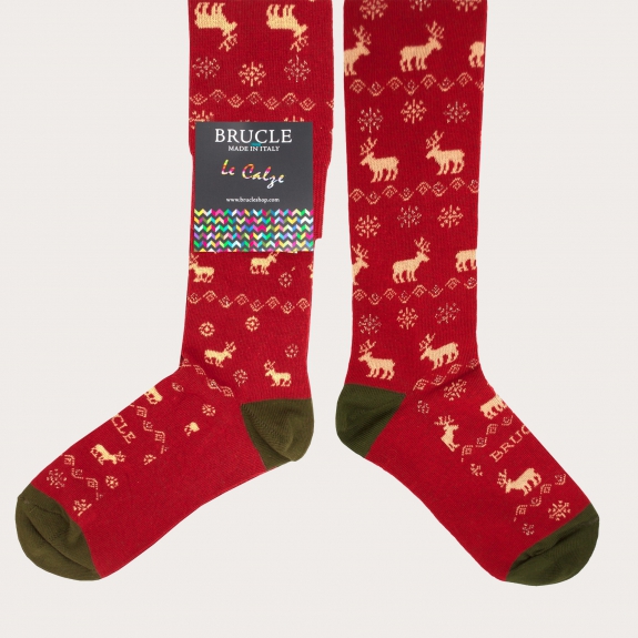 Warm socks, red and green reindeer pattern