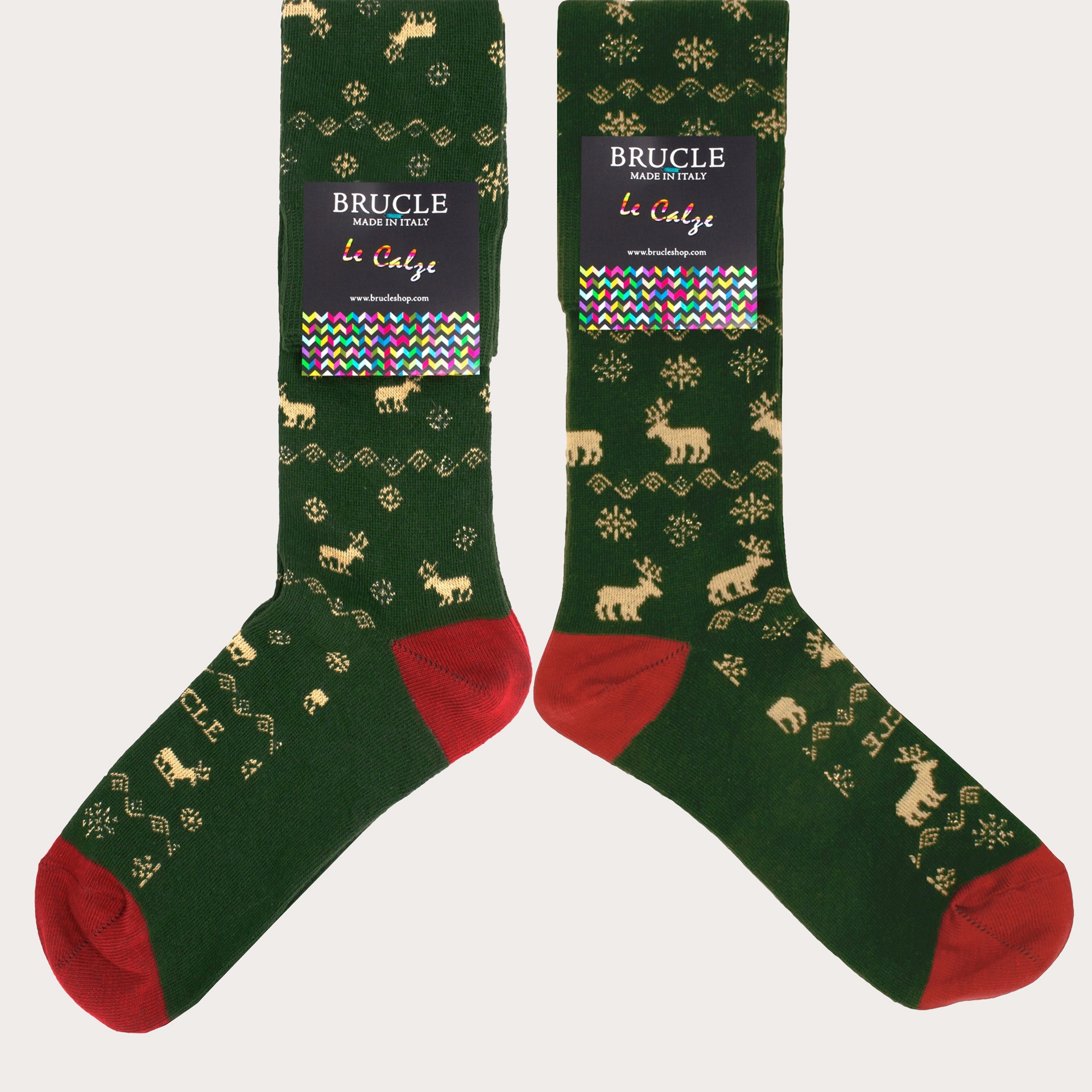 Warm socks, green and red reindeer pattern