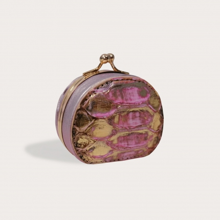 Coin purse in buffered back cut python leather, pink and gold