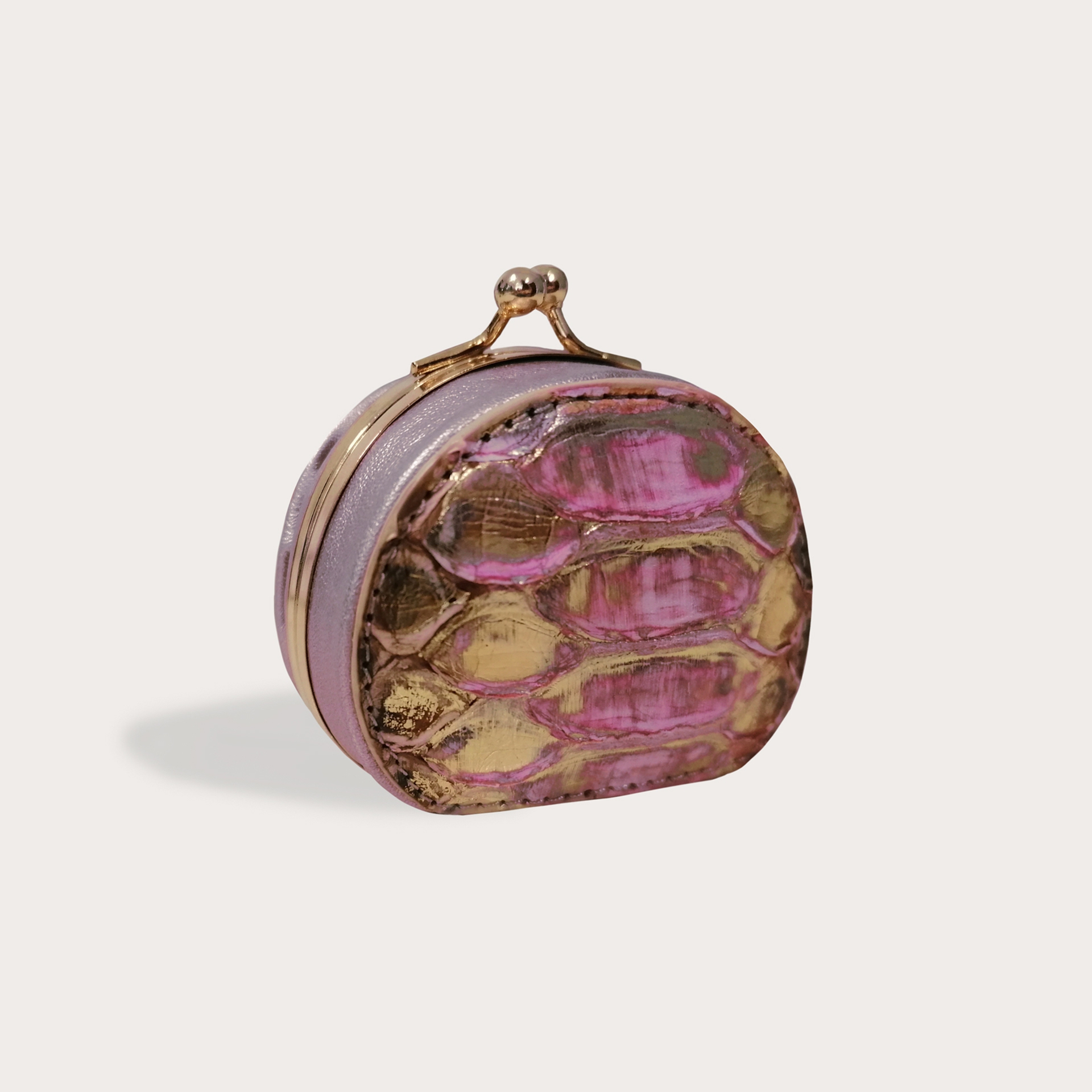 Porte-monnaie en cuir de python back cut tamponné, rose et or