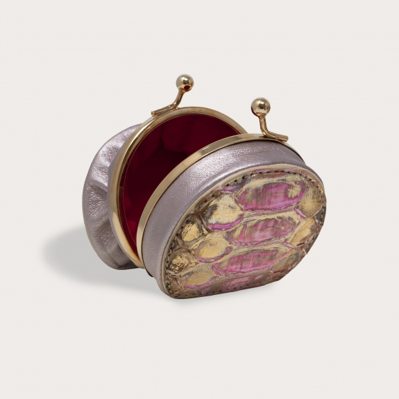 Porte-monnaie en cuir de python back cut tamponné, rose et or