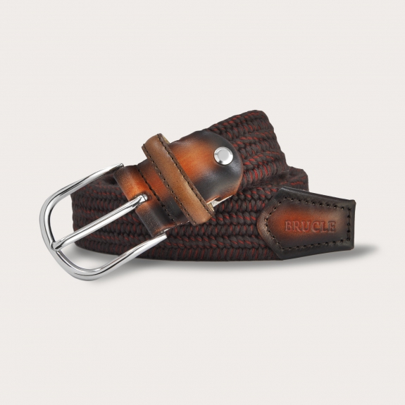 Braided elastic wool stretch belt, brown and red, nickel free