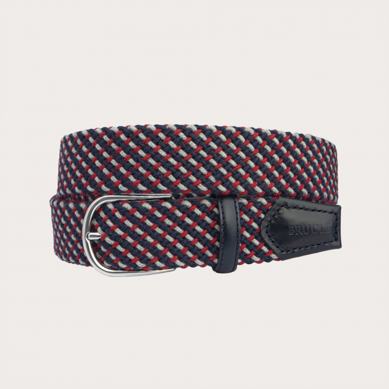 Braided elastic belt in blue, red and gray wool