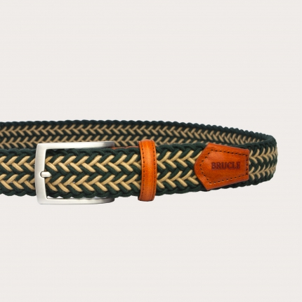 Green and beige braided elastic belt in wool