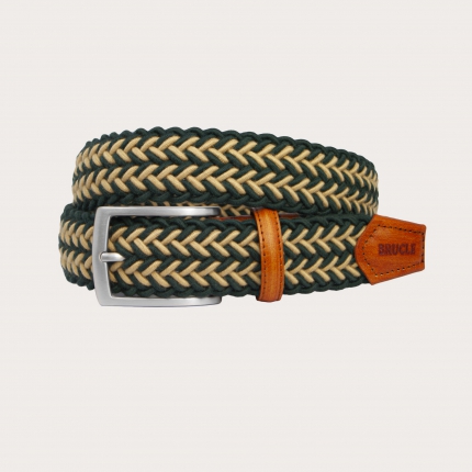 Braided elastic wool stretch belt, green and tan