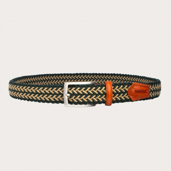 Braided elastic wool stretch belt, green and tan