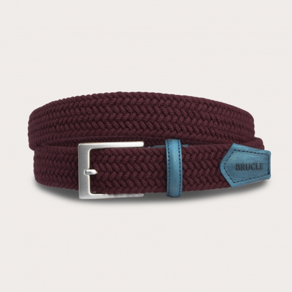 BRUCLE Braided elastic belt in burgundy wool with light blue leather