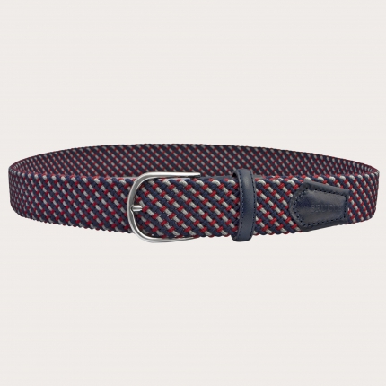 Braided elastic belt in blue, red and gray wool