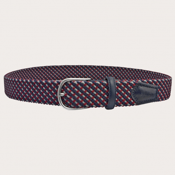 Braided elastic wool stretch belt, blu grey and red, nickel free