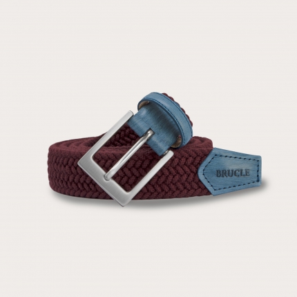 Braided elastic belt in burgundy wool with light blue leather