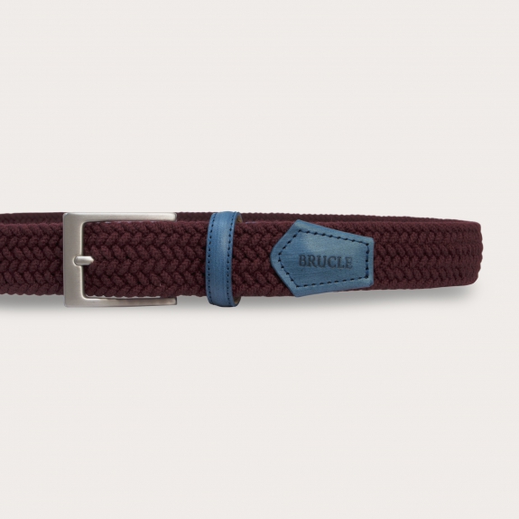 BRUCLE Braided elastic belt in burgundy wool with light blue leather
