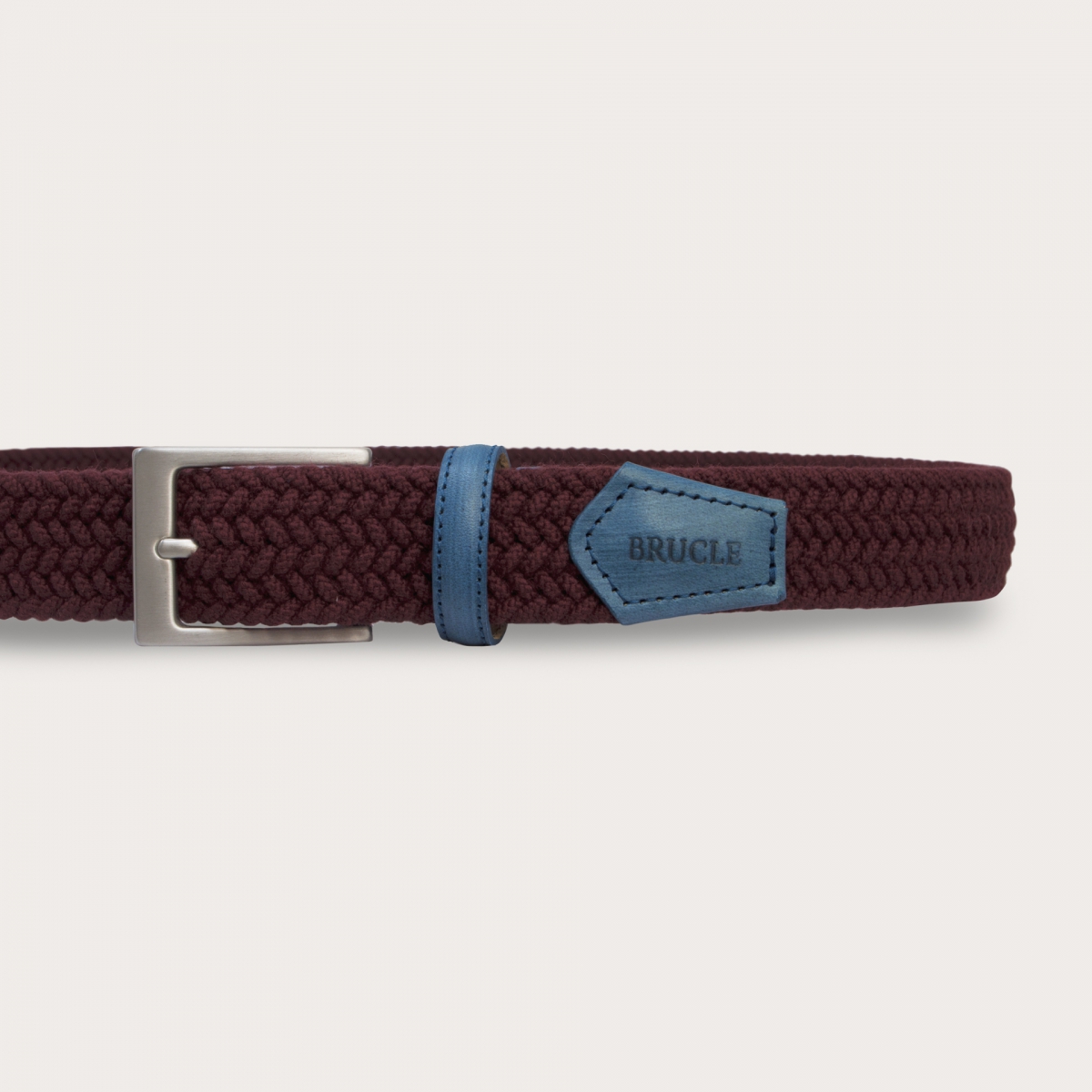 BRUCLE Cintura intrecciata elastica in lana bordeaux con pelle azzurra