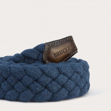 Elastic braided woolen belt, blue with brown shaded leather