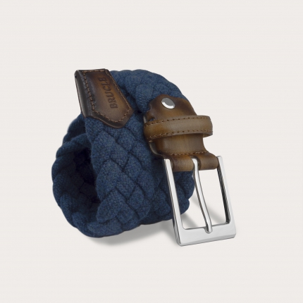 Elastic braided woolen belt, blue with brown shaded leather