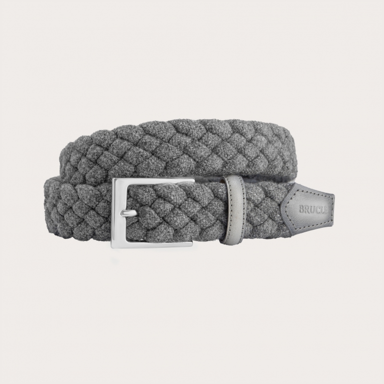 Elastic braided woolen belt, grey with shaded leather