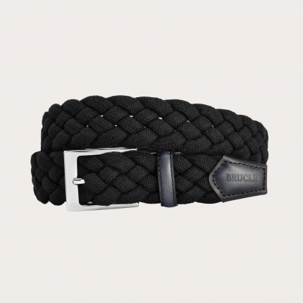 Elastic braided woolen belt, black with shaded leather
