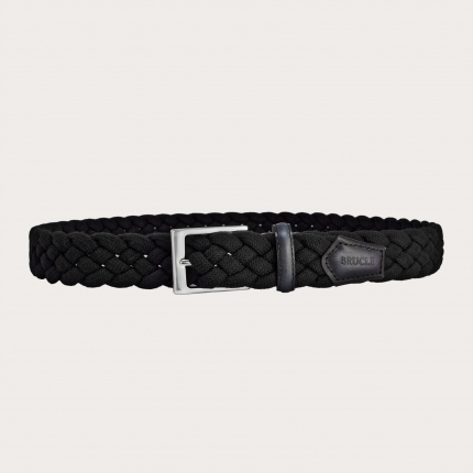 Elastic braided woolen belt, black with shaded leather