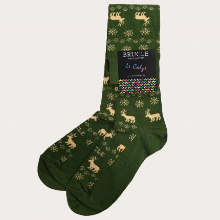 Warm socks, green reindeer pattern