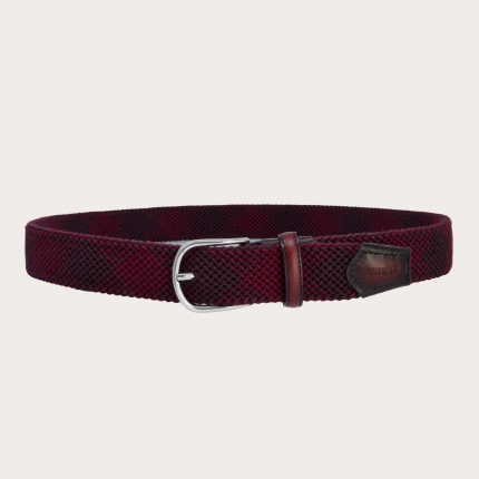 Braided elastic belt in burgundy wool with red shaded leather