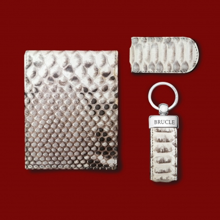 BRUCLE Set spécial Noël exotique, portefeuille, pince à billets et porte-clés en python blanc roche