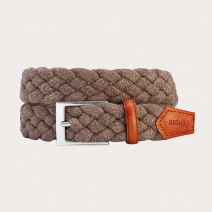 Elastic braided woolen belt, tan with shaded leather