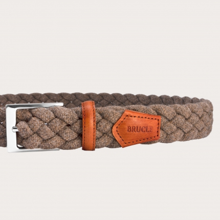 Elastic braided woolen belt, tan with shaded leather