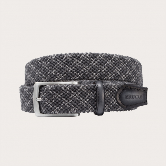 Elastic braided woolen belt, grey melange with shaded leather