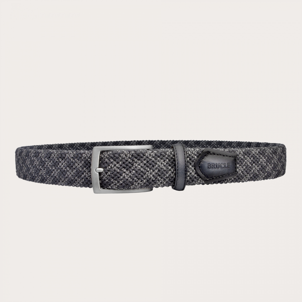 BRUCLE Elastic tubular belt in wool, grey with shaded leather