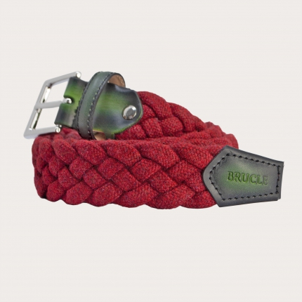 Elastic braided woolen belt, red with shaded leather green