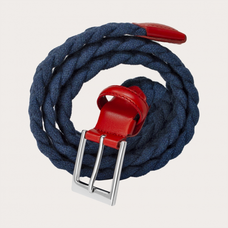 Elastic braided woolen belt, blue with red leather