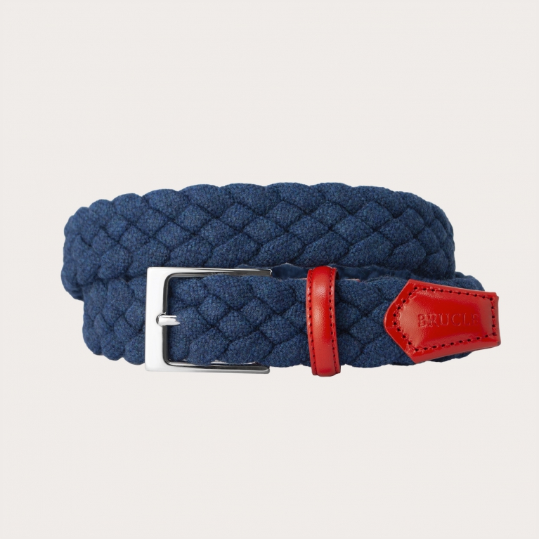 Cintura intrecciata elastica in lana, blu con pelle rossa