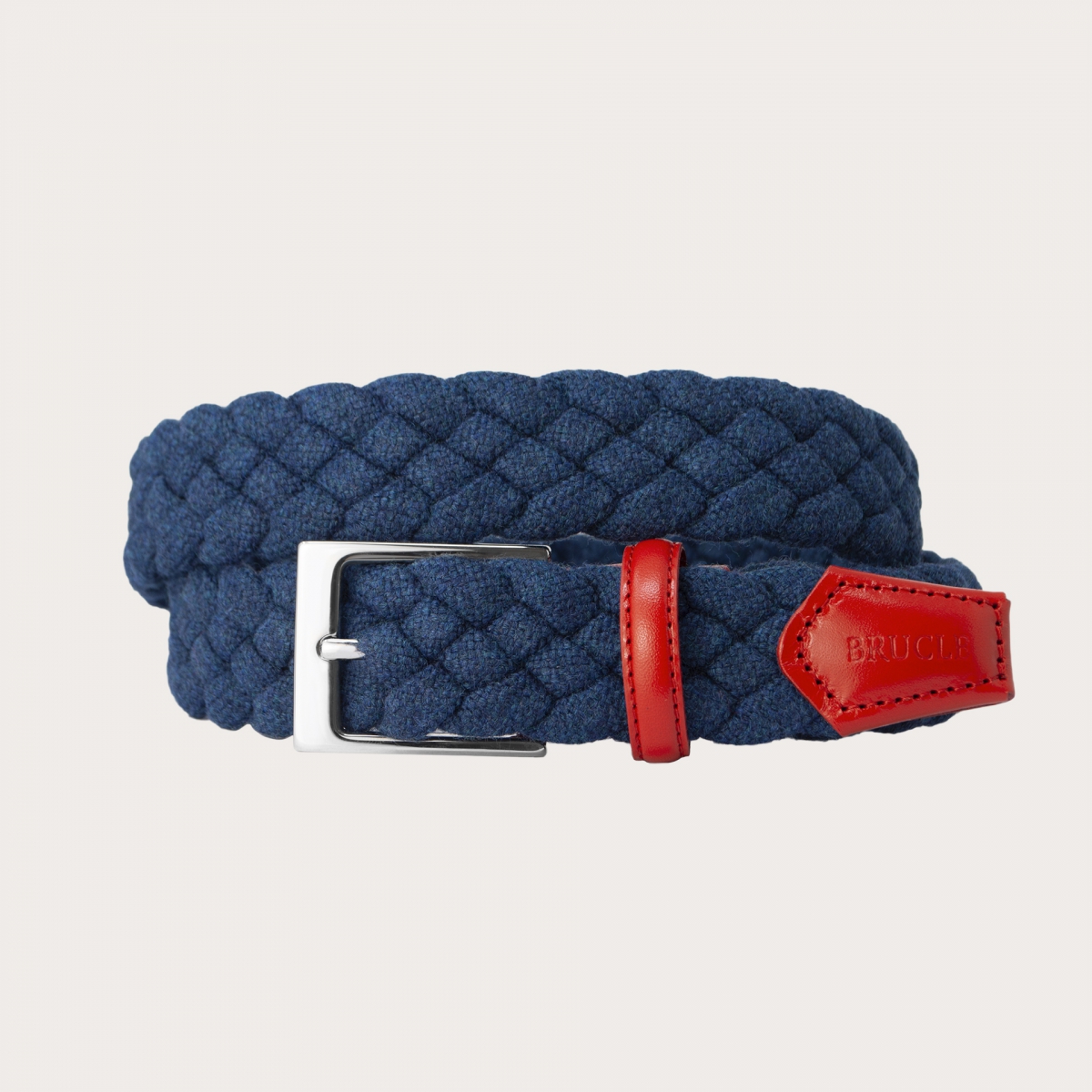 Elastischer geflochtener Wollgürtel, blau mit rot schattiertem Leder