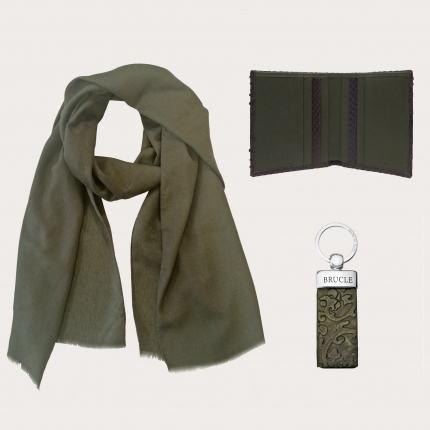 Set de Noël " inspiration verte ", écharpe en soie et chanvre, portefeuille et porte-clés