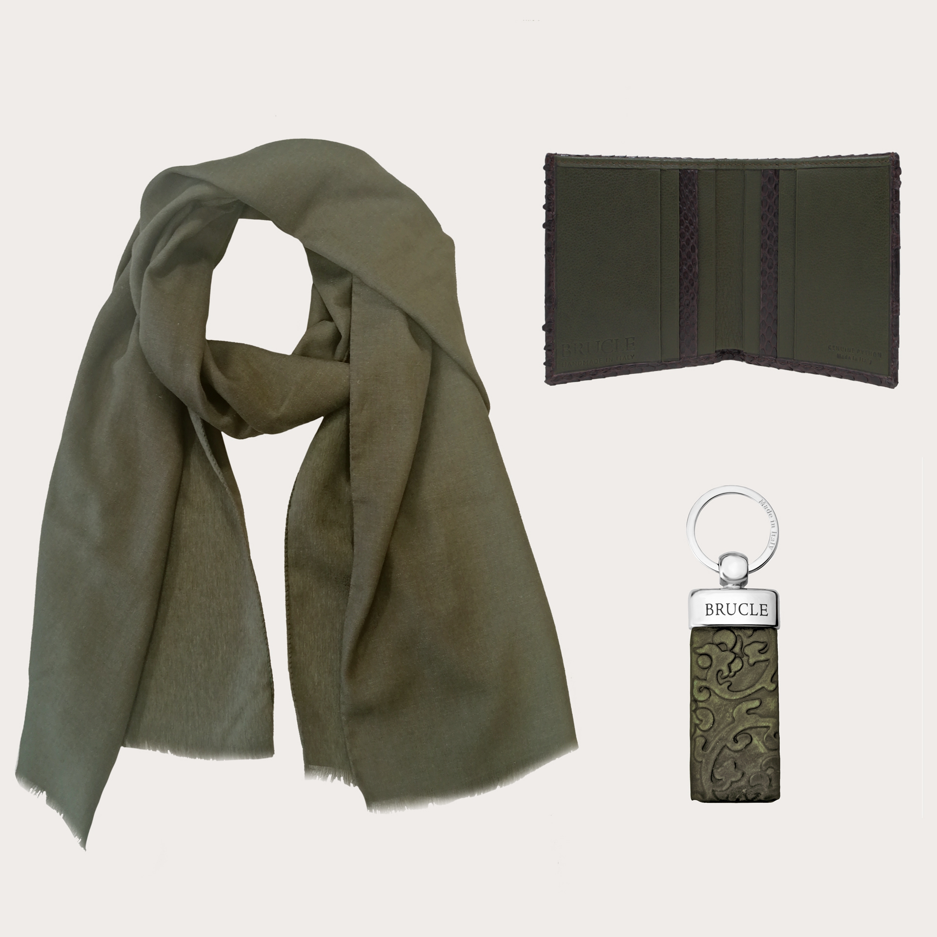 "Green inspiration" Christmas set, silk and hemp scarf, wallet and key ring