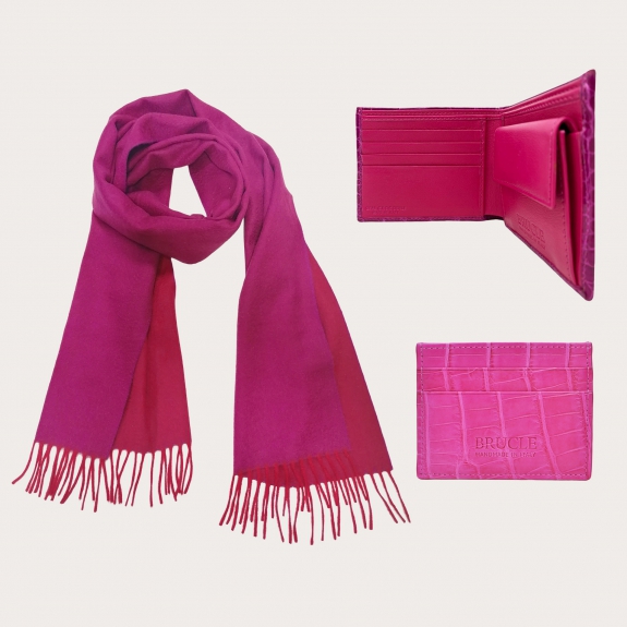 BRUCLE Special "Pink Christmas" set, fuchsia scarf, wallet and card holder
