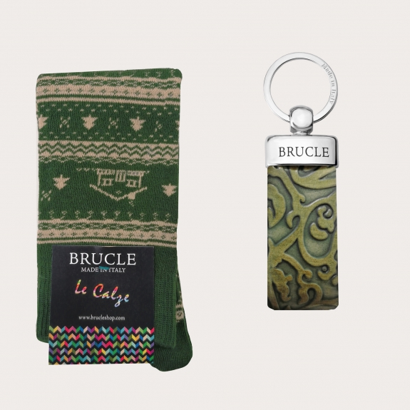 Women's Christmas set, floral print leather keychain and socks