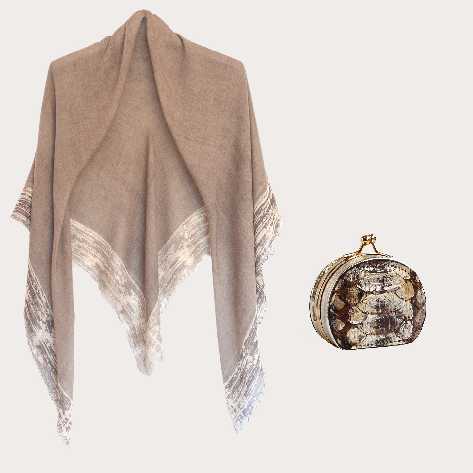 BRUCLE "Golden Wonders" Christmas set, beige stole and purse in brown and gold python