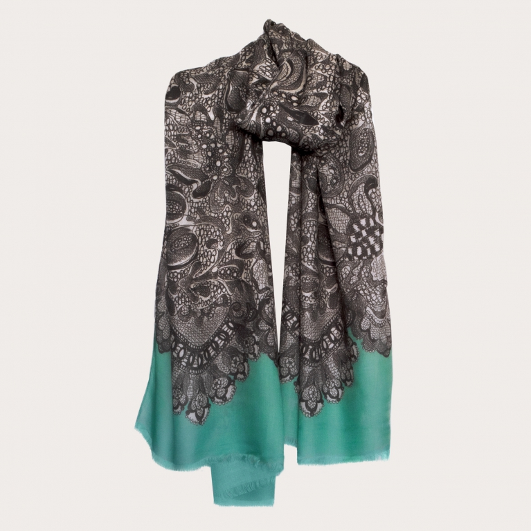 Soft modal and cashmere foulard, mint with black and white decorations