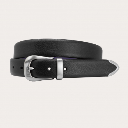 Thin leather belt with loop, buckle and tip in metal, black