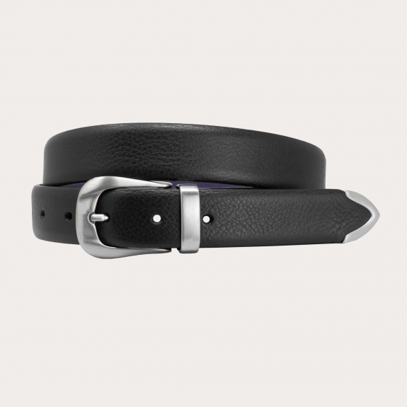 Thin raw cut leather belt with loop, buckle and tip in metal, black