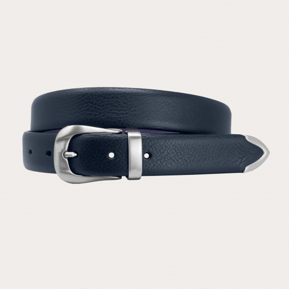 Thin raw cut leather belt with loop, buckle and tip in metal, blue