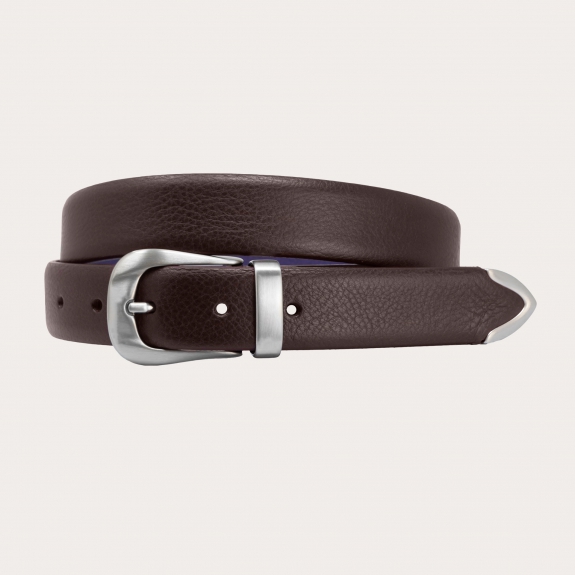 Thin raw cut leather belt with loop, buckle and tip in metal, dark brown
