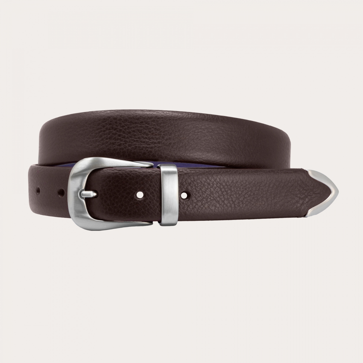 Thin raw cut leather belt with loop, buckle and tip in metal, dark brown