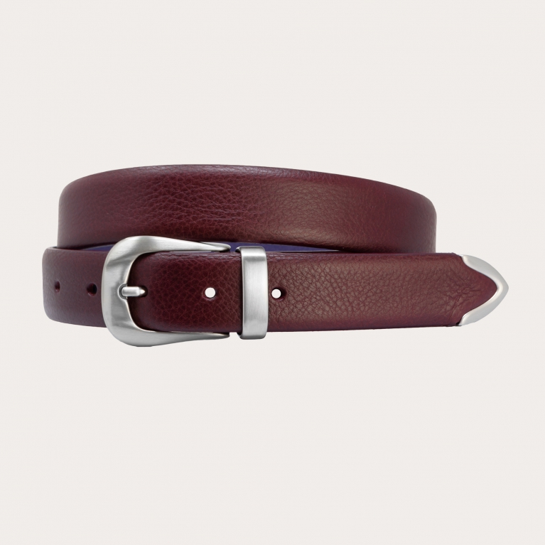 Ceinture fine en cuir brut avec passant, boucle et embout en métal, bordeaux