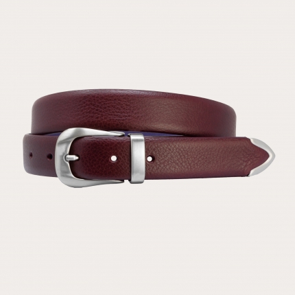 Thin leather belt with loop, buckle and tip in metal, bordeaux
