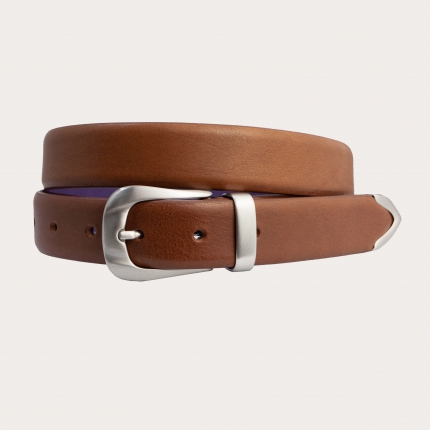 Thin leather belt with loop, buckle and tip in metal, cognac brown