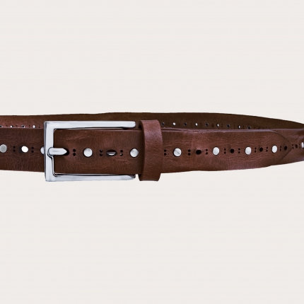 Thin raw cut leather belt with studs, dark brown