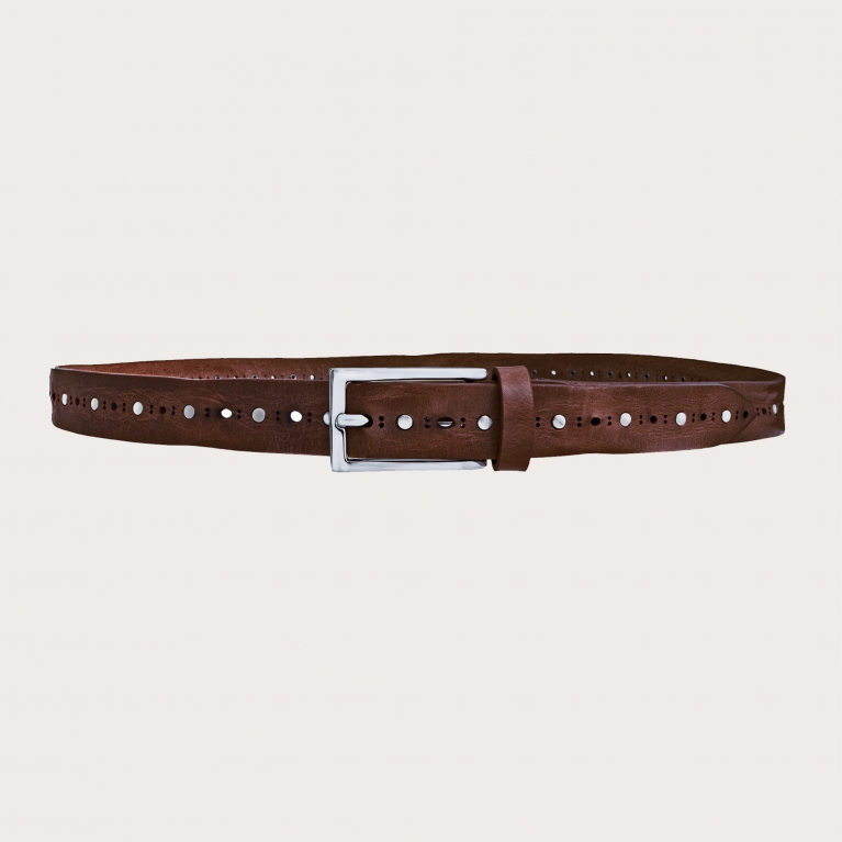Thin raw cut leather belt with studs, dark brown